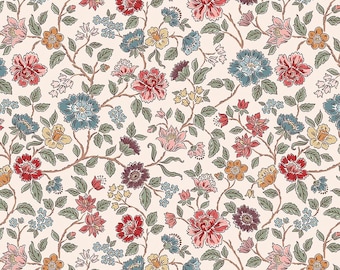 May include: A fabric print featuring a repeating floral pattern on a cream background. The design includes red, blue, yellow, and pink flowers with green leaves and brown stems. A ruler at the bottom shows a scale of 12 inches by Riley Blake Designs.