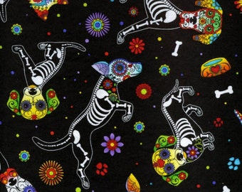 Timeless Treasures Black Day of the Dead Pups # C4640-BLK- 100% Cotton Woven Fabric BTY