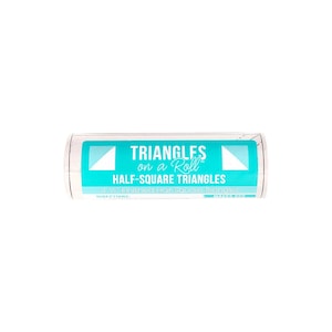 May include: A roll of half-square triangles, labeled "TRIANGLES on a Roll." The packaging is clear with a turquoise label featuring white triangles and text. The label also indicates the size of the finished half-square triangles.