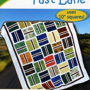 May include: A quilt pattern titled "Fast Lane" by Cozy Quilt Designs. The quilt design features a patchwork of colorful 10-inch squares in various patterns and colors. The pattern includes instructions for table runners, throws, and twin, queen, and king-sized quilts.