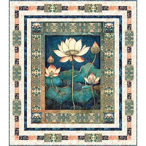 May include: A decorative quilt featuring a central image of lotus flowers in various stages of bloom, with teal leaves and a dragonfly against a dark blue background. The quilt has a patterned border in shades of cream, teal, and pink.