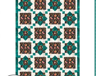 May include: A quilt pattern titled "Sea Glass" with a repeating pattern of floral squares and teal diamond shapes. The quilt measures 37.5 inches by 55.5 inches. The text "Make It with 3 yards" is also included.