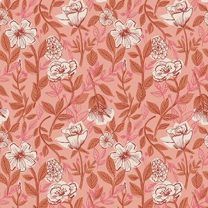 May include: A seamless pattern featuring a repeating design of white flowers and leaves on a pink background. The flowers are stylized and have a vintage aesthetic. The leaves are a deep orange-brown color.