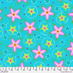 May include: A vibrant turquoise fabric featuring a repeating pattern of stylized pink flowers with yellow centers and green accents. The design includes smaller green and white starbursts and tiny red stars. The fabric is marked with inch measurements.