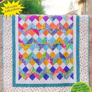 May include: A colorful quilt with a geometric pattern, featuring diamond shapes in various colors like orange, blue, purple, and yellow. The quilt is bordered with a teal and white design. The text "Radio Waves" is displayed on the top, with "Cozy Quilt Designs" above it.