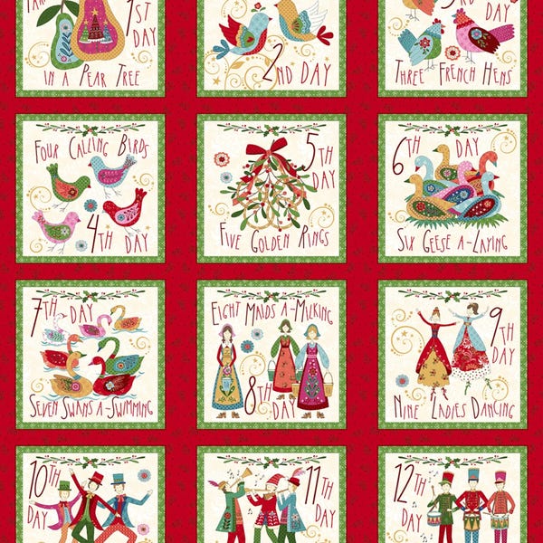 Twelve Days of Christmas Fabric, Scandinavian Holiday Blocks