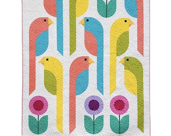 May include: A quilt pattern titled Apparrotly It's A Party, Pattern #115, featuring a white background with colorful birds and flowers. The design includes yellow, blue, green, and pink birds alongside purple and pink flowers. Measures 60" x 78".