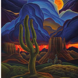 May include: A vibrant painting of a desert landscape at sunset. A large saguaro cactus stands in the foreground, with a cowboy on horseback and a mesa in the background. The sky is filled with shades of blue, orange, and red.
