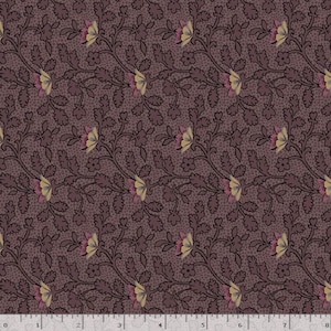 May include: A repeating pattern of stylized flowers and leaves in shades of brown, mauve, and yellow. The floral design is set against a dotted background. The fabric is suitable for quilting, sewing, or other craft projects.