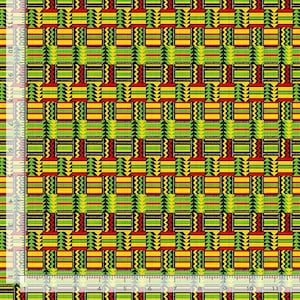 May include: Close-up of a vibrant fabric with a repeating geometric pattern. The design features blocks of yellow, green, red, and black, creating a bold and colorful textile. The pattern includes zigzags, rectangles, and arrow-like shapes. The fabric is likely used for clothing or home decor.