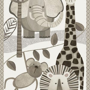 May include: A sepia-toned illustration of jungle animals, including an elephant, giraffe, monkey, and lion. The animals are surrounded by stylized trees and foliage. The border has a plaid pattern.