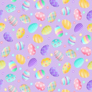 May include: A seamless pattern of colorful Easter eggs on a purple background with white polka dots. The eggs are decorated with various patterns, including stripes, polka dots, and swirls.