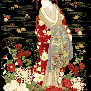 May include: A Japanese-themed illustration featuring a woman in a red and gold kimono, adorned with floral patterns and a decorative headpiece. The background is black with gold accents, including stylized water and a pagoda. Large red and white flowers are in the foreground.