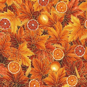 May include: A seamless pattern featuring orange and brown autumn leaves with orange citrus fruit slices. The background is a dark brown color.