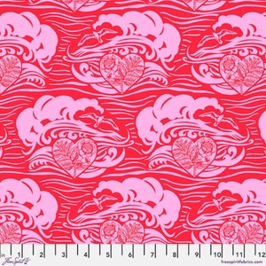 May include: Pink and red fabric with a repeating pattern of stylized hearts with flowers and birds flying over waves.