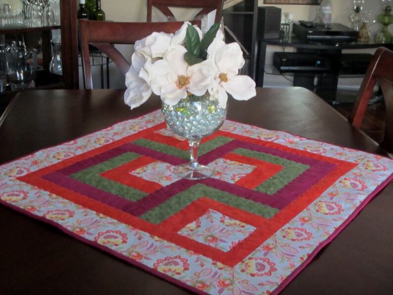 Modern Quilted Square TABLE TOPPER 31.5 x 31.5 Green Yellow Orange Grey Cranberry Floral