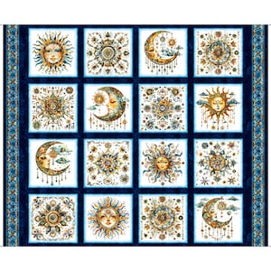 May include: A fabric panel featuring a celestial design with suns, moons, and floral patterns in shades of gold, orange, and blue. The design is arranged in a grid of squares with a dark blue background and a decorative border.