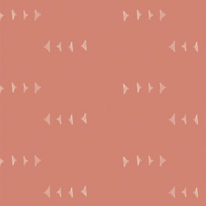 May include: A seamless pattern of white, hand-drawn arrow shapes on a solid coral background.