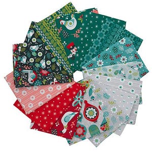 May include: A collection of patterned fabric squares in various colors, including red, green, and gray. The fabric features festive designs such as birds, flowers, and geometric patterns. The squares are arranged in a circular fan shape.
