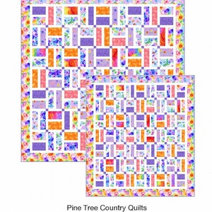 May include: Two colorful quilts with a floral border and a patchwork design. The quilts feature rectangular blocks in shades of purple, orange, pink, and blue. The text "Garden Hopscotch" is at the top.