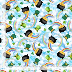 May include: A seamless pattern featuring a repeating design of black pots of gold, green shamrock leaves, and rainbows against a blue sky with white clouds.  The pots of gold are filled with gold coins and are at the end of the rainbows.