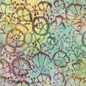 May include: A seamless pattern featuring a floral design with a batik style. The flowers are in shades of green, yellow, and purple on a light blue background.