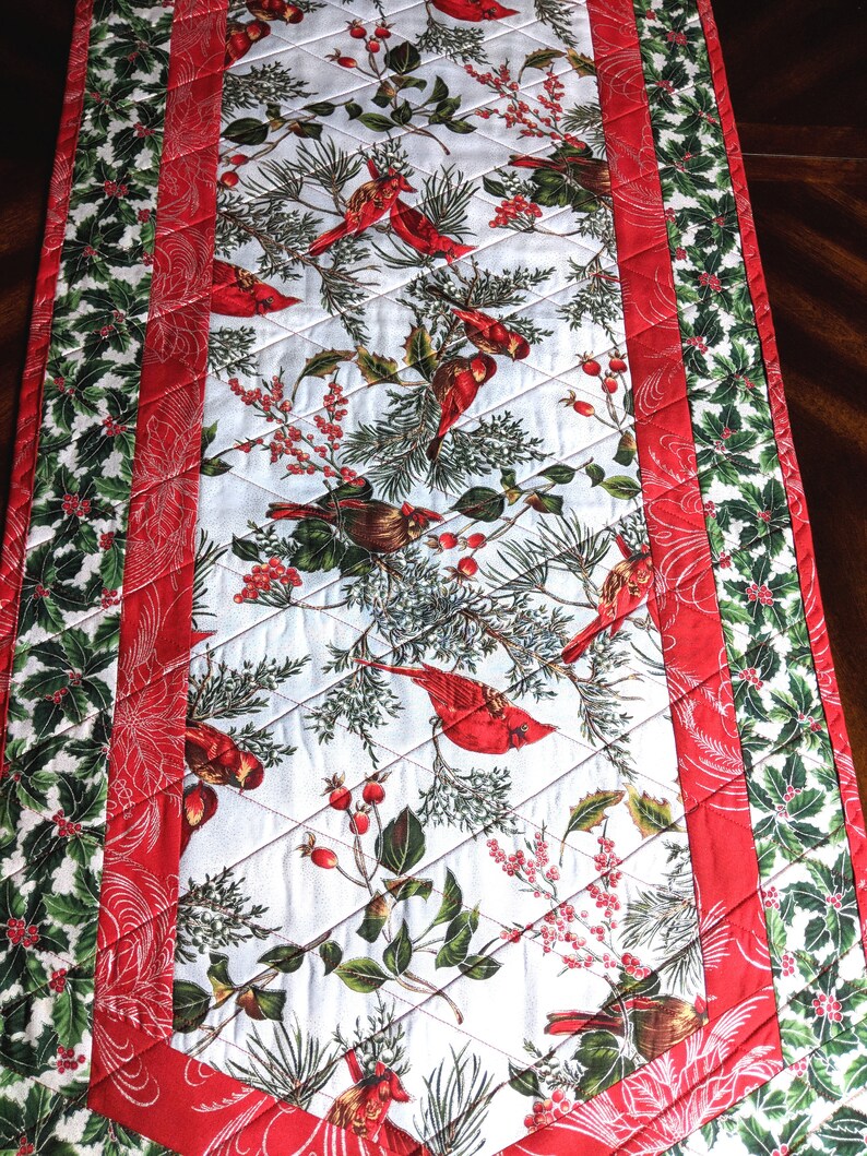 Quilted Christmas Table Runner Cardinals Holly Chickadees Etsy