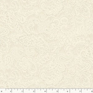May include: A white fabric with a subtle embossed pattern of swirling lines and dots. The fabric has a slightly textured surface.