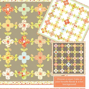 May include: A quilt pattern design titled "Trellis" featuring floral motifs in various colors like peach, yellow, and blue. The design includes a repeating pattern of stylized flowers and leaves, with the text "Choose a Layer Cake or your favorite florals & a fun background!"