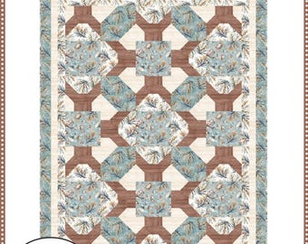 May include: A quilt pattern titled "Boardwalk" with a repeating geometric design. The quilt features a combination of light blue, brown, and cream colors. The dimensions are 51" x 67". The image also includes the text "Make It with 5 yards" and the Fabric Cafe logo.
