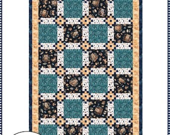 May include: A quilt pattern titled "Harbor View" with a patchwork design. The quilt features squares of teal, owl-patterned fabric, and white squares with small brown and blue accents. The quilt measures 53" x 77". The text "Fabric Cafe" is at the top.