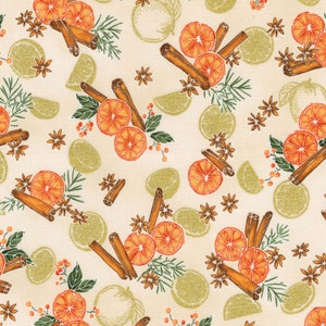 May include: A seamless pattern featuring a variety of orange slices, cinnamon sticks, and green leaves on a cream background. The pattern is perfect for fabric, wallpaper, or wrapping paper.