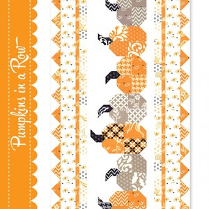 May include: A fabric panel featuring a row of stylized pumpkins in shades of orange, gray, and white. The pumpkins have various patterns. The panel is bordered with floral and geometric designs. Text reads "Pumpkins in a Row" and "One charm pack is all you need!"