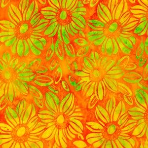 May include: A seamless pattern featuring bright yellow and green stylized flowers on an orange background.