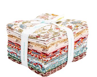 May include: A stack of folded fabric squares secured with a white paper band printed with the text Riley Blake Designs. The fabric features various floral and geometric patterns in shades of red, blue, green, orange, and cream on a white background.