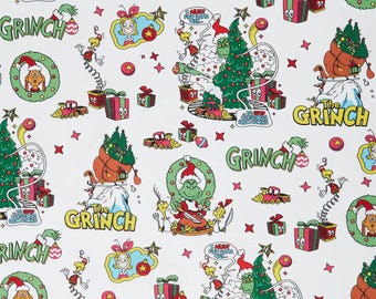 May include: A white fabric featuring a repeating pattern of The Grinch characters, Christmas trees, gift boxes, wreaths, and trains. The text includes The Grinch, I must find some way, and to stop Christmas from coming in various colors.