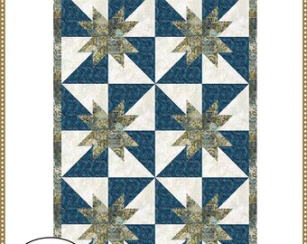 May include: A quilt with a starburst pattern in shades of blue, cream, and patterned fabric. The quilt is labeled "Radiant" and measures 38.5 x 56.5 inches. The text "Make It with 3 yards" is also included.