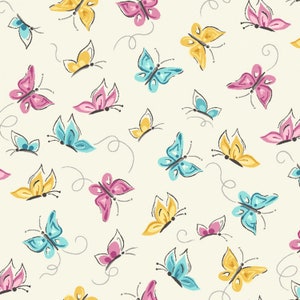 May include: A seamless pattern featuring colorful butterflies in shades of blue, yellow, pink, and purple on a cream background. The butterflies are drawn in a simple, whimsical style.