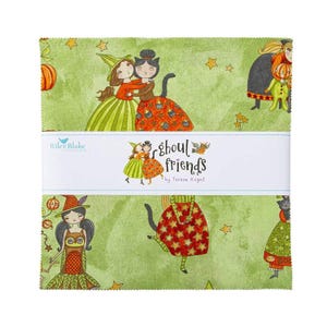 May include: A stack of fabric squares with a green background featuring illustrations of witches, cats, and pumpkins. The fabric is labeled "Ghoul Friends" by Teresa Kogut and Riley Blake Designs.