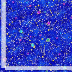 May include: A blue fabric with a gold glitter background and a repeating pattern of constellations, stars, and planets. The planets are in shades of pink, green, and blue.