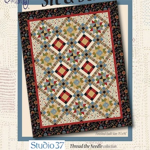 May include: A quilt pattern called "Sit & Stitch" from the "Thread the Needle" collection by Laura Berringer for Marcus Fabrics. The quilt is 75 inches by 95 inches and features a patchwork design with red, black, white, blue, and yellow fabrics.