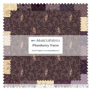 May include: A fabric swatch collection featuring the "Plumberry Farm" design by MARCUS Fabrics. The fabric squares showcase a floral pattern in shades of plum, beige, and green. The collection includes (42) 10" squares. The text "MARCUS Fabrics" and "Plumberry Farm" are visible.
