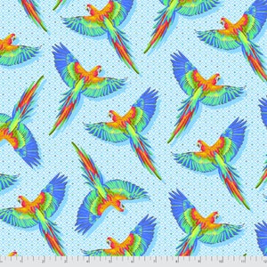 May include: A seamless pattern featuring bright blue, green, yellow, and red parrots flying against a light blue background with a white geometric pattern.