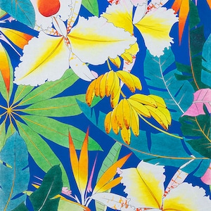 May include: A vibrant tropical print featuring yellow and white flowers, green leaves, and yellow bananas on a blue background.