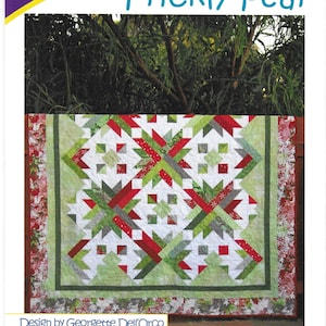 May include: A quilt pattern titled "Prickly Pear" by Cozy Quilt Designs. The quilt design features a geometric pattern with red, green, and white blocks. The pattern is designed by Georgette Dell'Orco and is a strip club pattern for 2.5" strips. Lap, Throw, Twin, Queen, and King sizes are included.
