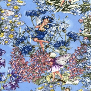 May include: A whimsical fabric design featuring fairies amidst a floral landscape. The pattern showcases a light blue background with illustrations of fairies, daisies, blue cornflowers, and other flowers in shades of blue, purple, pink, and white.