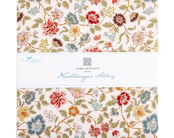 May include: A stack of square fabric pieces featuring a floral pattern with red, yellow, and blue flowers on a cream background. A white paper band wraps around the center, printed with the text Riley Blake Designs and Jane Austen's House Northanger Abbey.