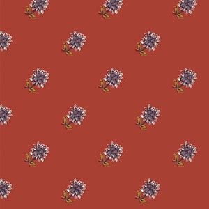 May include: A seamless pattern featuring a repeating design of stylized blue and pink flowers with yellow stems on a solid rust orange background.
