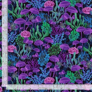 May include: A seamless pattern featuring purple mushrooms, green and blue seaweed, and pink coral on a black background. The pattern is reminiscent of an underwater scene.