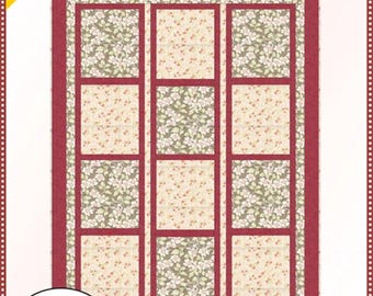 May include: A quilt pattern titled "Byzantine Door" by Fabric Cafe. The design features rectangular panels with floral patterns in cream and green, framed by burgundy borders. The quilt measures 46" x 61" and requires 3 yards of fabric.
